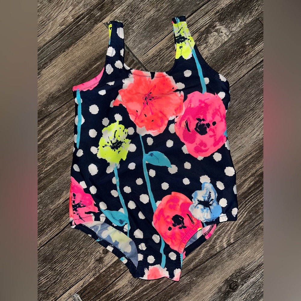 OshKosh swimsuit navy with polka dots and flowers sz 24 months EUC